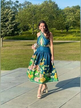 Alemais Lyla Crossover Halter Midi Dress Size 2 Navy Floral